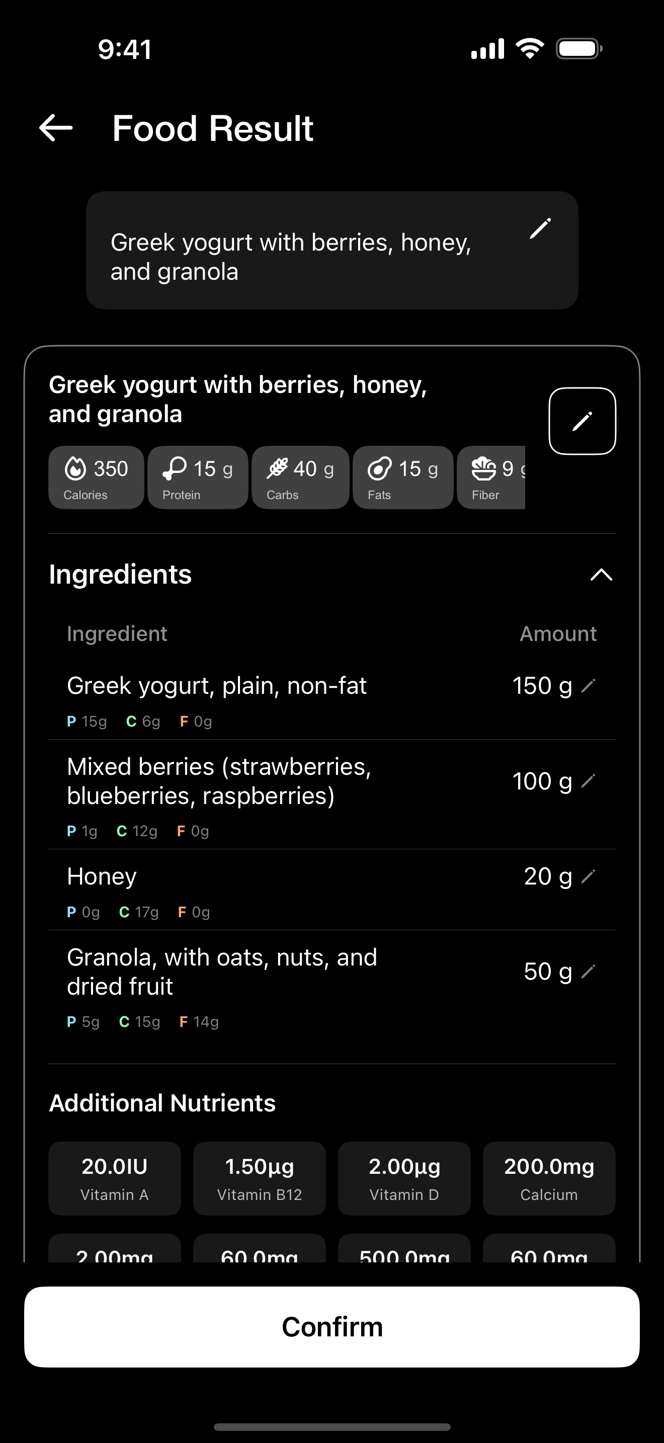 Pack Animal — AI food capture parsing a meal into calories, macros and ingredients
